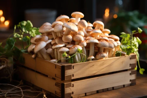 Are Psychedelic Mushrooms Addictive? A wooden box filled with small mushrooms.